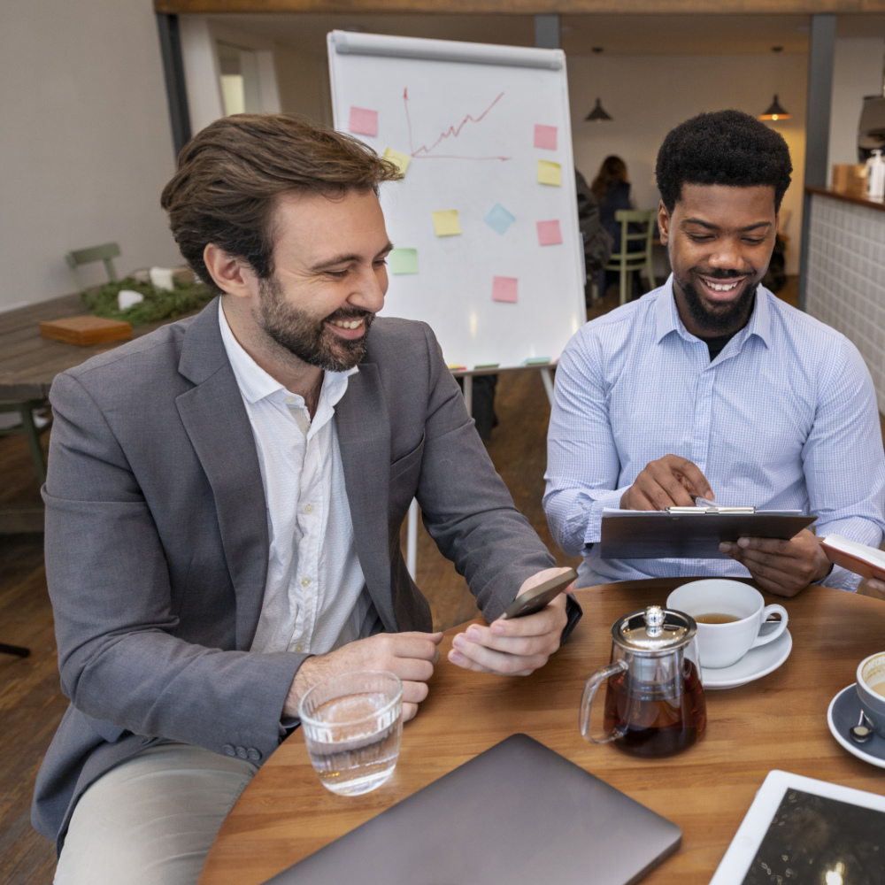 Business owners reviewing options together